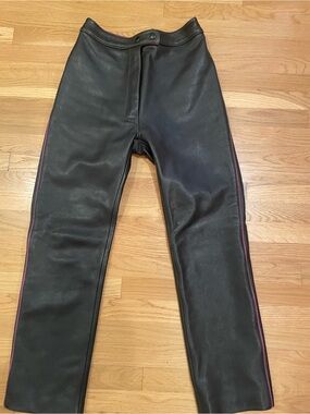 Black heavy weight motorcycle Leather Straight Leg Pants with Pink Side Stripe